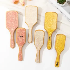 Durable Acetate Hair Comb Marble Pattern Pink Comb with Bamboo Handle Scalp Massage Hairbrush