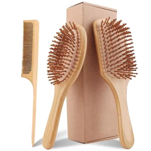 Eco Friendly Bamboo Hairbrush Comb Set Anti Static Detangling Wooden Comb with Cushion Paddle Vent