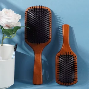 Eco friendly Beech Wooden Paddle Hair Brush Scalp Massage Airbag Cushion Anti Static Detangling HairBrush with Nylon Bristles