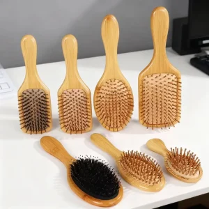 Eco-friendly Natural Compact Ionic Bamboo Bristle Air Cushion Comb Hair Brush Custom Logo Wood Paddle Hairbrush