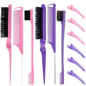 Factory 12Pcs Set Hair Styling Comb Set Teasing Hair Brush Set Plastic Rat Tail Comb Edge Brush with Hair Clips