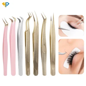 Fiber Tip Custom Logo 45 90 Degree Beige Color Stainless Steel Lash Tweezers Fiber Tip Lash Tweezers