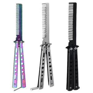 Foldable Comb Stainless Steel Practice Training Butterfly Knife Comb Beard Moustache Brush Salon Hairdressing Styling Tool