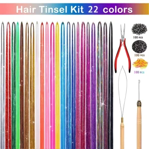 Fujia 48 Inches 22 Pcs set Colorful Fairy Party Straight Heat Resistant Hair Accessories Tool Tinsel Kit Glitter Hair Extensions