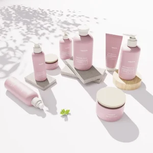 HDPE Pink Soft Touch Shampoo Bottle Cream Jar Body Scrub Jar Hair Care Set