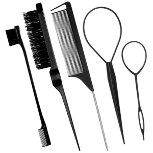 Hair Brush Set with Topsy Hair Tail Tools Teasing Hair Brush Edge Control Brush Metal Pin Rat Tail Combs for Woman Girl Styling