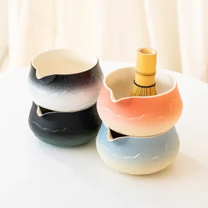 Handmade Colorful Gradient Color Pottery Ceramic Matcha Mixing Chawan Tea Bowl and Matcha Whisk Holder Set with Spout