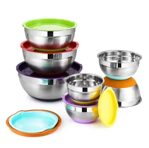 High Quality Colorful Stainless Steel Nesting Bowl Anti skid Silicone Base Mixing Bowl Larger Salad Bowl with Lid