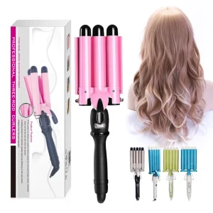 Home Use 110V 240V Ceramic Ionic Big Wave Curler Three Barrel LCD Curling Iron Hair Curler