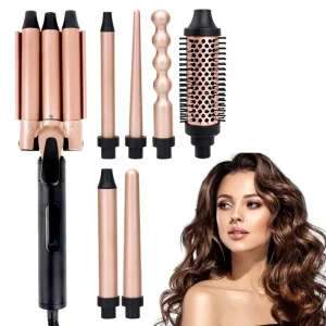 Interchangeable Wand Hot Waver Hair Curler Set with Curling Thermal Brush and 4 Interchangeable Curling Wand