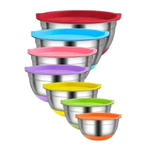 Kitchen Accessories Silver 201 Stainless Steel Mixing Bowl with Colorful Lids Mirror Polishing for Party Salad Mixing