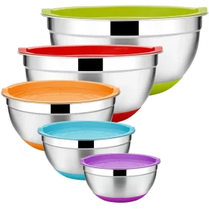 Kitchen Creative Cooking Tool 5 Pcs Non slip Large Capacity Colorful Silicone Lid Deep Stainless Steel Salad Mixing Bowls Set