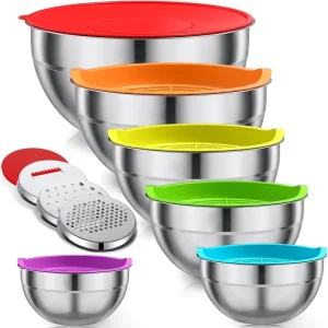 Kitchen Gadgets 6 Pcs Large Bowl for Baking Colored Lids Stainless Steel Mixing Bowls with 3 Grater Attachments