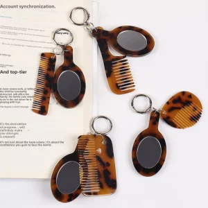 Leopard Acetate Mirror Comb Keychain Hairbrush Handle Makeup Mirror Mini Bag Hanging Pocket Cosmetic Mirror