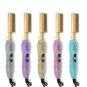 Luxury Diamond Electric Curly Hair Brush Professional Copper Metal Hair Straightening Comb Bling Hot Comb