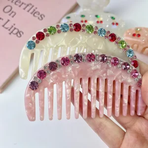 Luxury French Wide Tooth Pocket Hair Comb Marble Acetate Hairbrush with Colorful Rhinestone Accessory