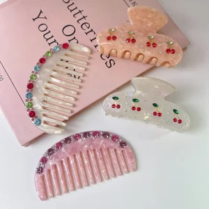 Marble Acetate Anti Static Detangling Hairbrush Luxury French Wide Tooth Pocket Hair Comb with Colorful Rhinestone