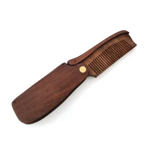 Men’s Pocket Comb Folding Wooden Beard Comb with Leather Travel Case for Men