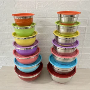 Multi-functional Deep High Colorful Size Stainless Steel Mixing Bowls Salad Bowl Bowl Sets With Lids Silicone Bottoms