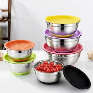 Multiple Sizes Thickening Multicolor Lid Salad Bowl Stainless Steel Mixing Bowl With Silicone Base