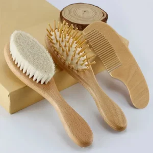 Natural Soft Bristles Bamboo Wool Baby Hair Brush Set for Newborn