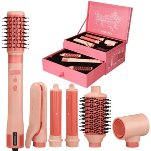 Pink 6 in 1 Styler One Step Hair Dryer Brush Professional Hair Straightener Curler Styling Tools Hot Air Comb Gift Box Set