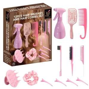 Pink Hair Tool Set DIY Hair Styling Salon Tools Kit Scrunchie Clips Detangling Brush Hair Mist Applicator Care Accessories