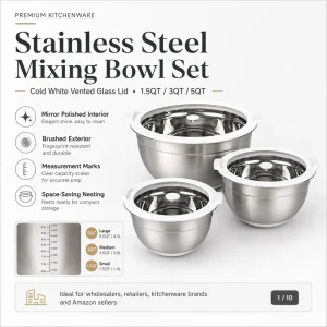 Polished Stainless Steel 3 Piece Salad Mixing Bowl Set with Transparent Glass Lid Eco Friendly Durable Bakeware