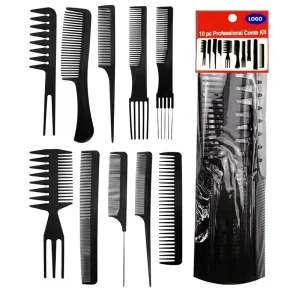 Popular Custom Logo Ten piece Hairdressing Tools Set Black Plastic Pointed Tail Comb for Salon Styling & Dyeing
