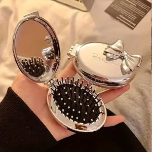 Portable Mini Bow Shaped Hair Comb Nylon Bristles Folding Air Cushion for Normal Hair with Mirror