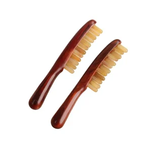 Portable Satin Luster Rosewood Ox Horn Comb Double-Row Coarse-Tooth for Meridian Massage