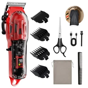 Portable Travel Electric Hairdressing Machine with Cape Scissors Comb Set Transparent Red Rechargeable Men’s Hair Clipper