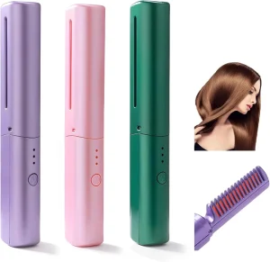 Portable Wireless Electric Hair Comb Straightener Two-in-One Anti-Damage Curling Iron Negative Ion Ceramic Plate
