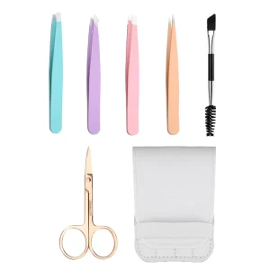 Precision Daily Beauty Tools Slanted Tip Eyebrows Hair Plucking Tweezers Set for Women 6 Pcs with Leather Travel Case