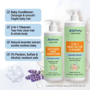 Private Label Lavender Baby Hair Care Set Shampoo Body Wash Conditioner 500ml+980ml Refill Gentle Sensitive Skin OEM