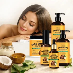 Private Label OEM Shea Butter Hair Care Set Deep Hydrating Shampoo Conditioner Mask Oil Serum Kit
