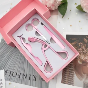 Private Label Pink Lashes Tools Sets Stainless Steel Private Logo Eyelash Tweezer Applicator Eyebrow Scissors Curler Kit Case