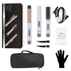 Professional 3 in 1 Electric Hair Styling Tools Set Hair Straightener Curler and Brush Travel Crimping Iron Set with Bag