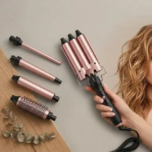 Professional 5 in 1 Hair Curler Set Ceramic Triple Barrel Hair Waver Curling Wand Multistyler Hot Air Brush for Women