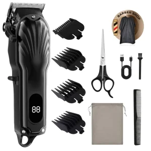 Professional Black Tondeuse a Cheveux with Steel Scissors for Men Rechargeable Electric Hair Clipper Set