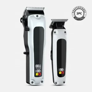 Professional Men’s White Electric Beard Trimmer Rechargeable Power Digital 2 Piece Full Hair Cutting Machine Kit