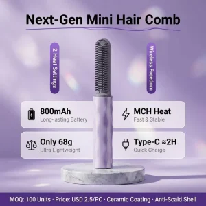 Professional Mini Wireless Hair Straightener Comb Portable Cordless Flat Iron with 3D Anti-Scald Teeth for Travel and Styling