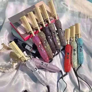 Professional Rhinestone Hair Straightening Comb Brush Hot Electric Hair Straightener Comb Hair Curling Bling Hot Comb