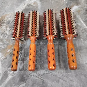 Professional Salon Comb and Round Hair Brush with Wooden Handle and Heat Resistant Plastic Teeth for Salon Styling