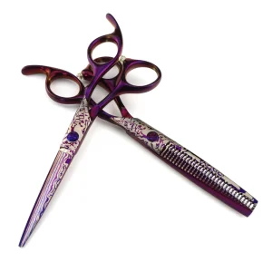 Purple Damascus 6 Inch Fishbone V Tooth Hair Scissors Ergonomic Handle Texturizing Chunker Shears for Barbershop
