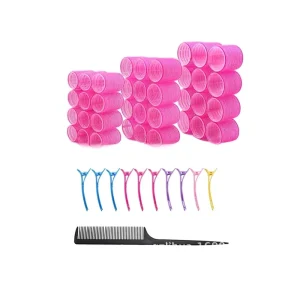 Rose Red Nylon High Crown Hair Rollers & Blue Air Bangs Curling Rods 12 Piece LED Temperature Display Hair Curling Set