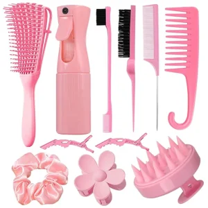 Salon Hair Clips Edge Brush 11pcs Hair Comb Set Wide-Toothed Makeup Comb High-Pressure Spray Bottle Scalp Massage Set