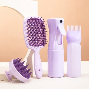 Salon Professional Hair Styling Tools Custom Silicone Hair Brushes 4 in 1 Hair Brush Hairdressing Comb With Spray Bottle Set