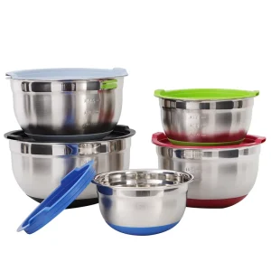 Stainless Steel Salad Mixing Bowl Set With Anti-slip Colorful Silicone Bottom With Pp Lid With Embossed Scale Measurement Logo