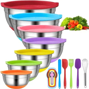 Stainless Steel Silicone Antiskid Basin Colorful Kitchen Mixing Salad Bowls Set With Airtight Lids